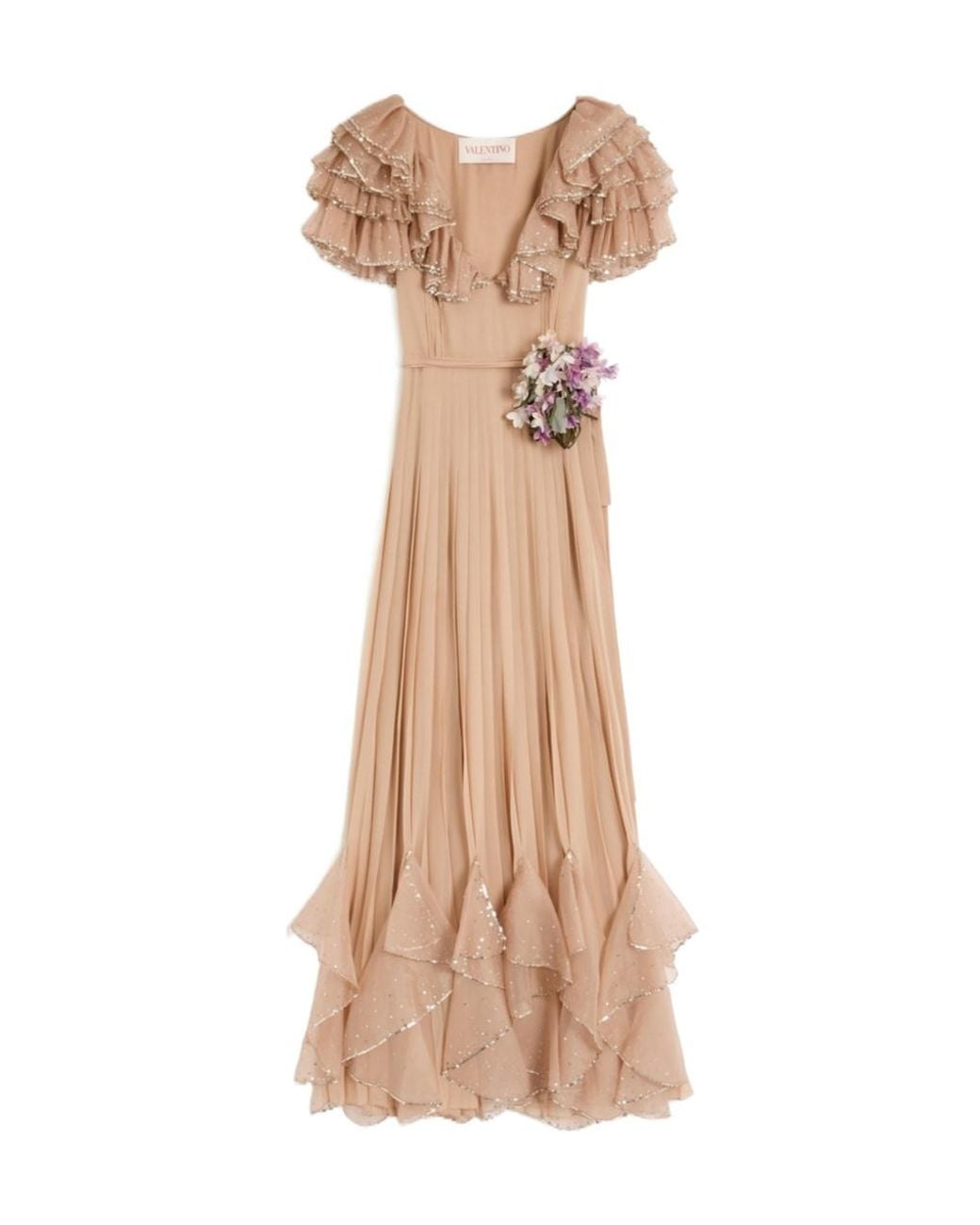Valentino Natural Floral Embellished Ruffled V-Neck Dress