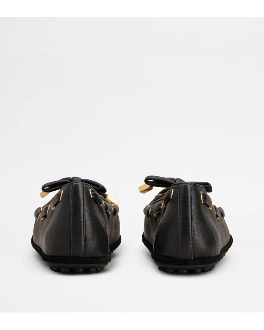 Tod's Black Bow-Detailred Round-Toe Flat Shoes