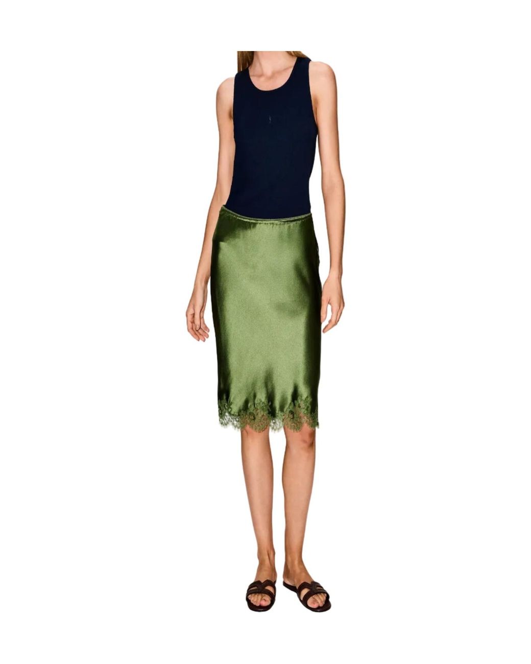 Saint Laurent Green Jupe Lace Hem Skirt