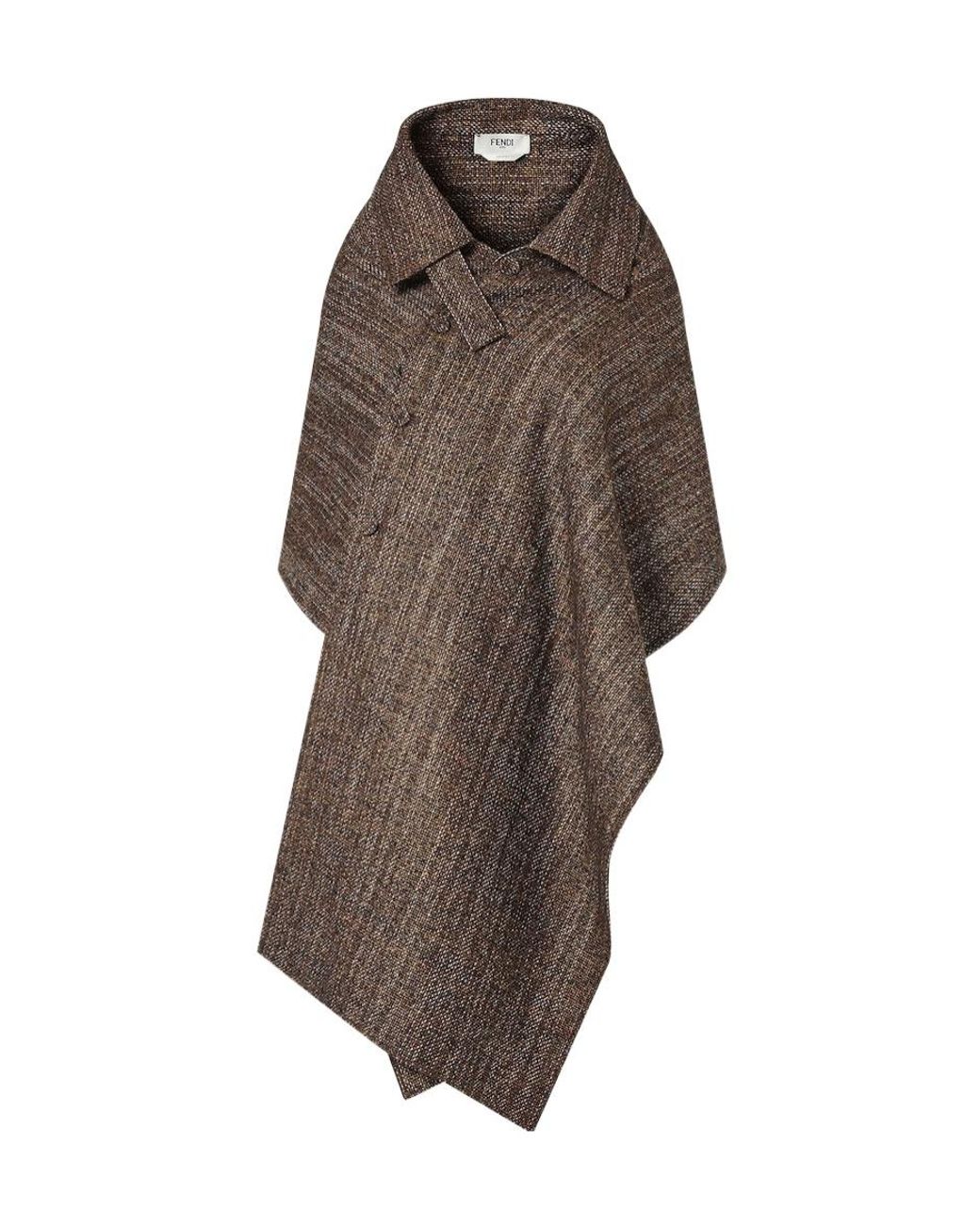 Fendi Brown Asymmetric Hem Tweed Short Cloak