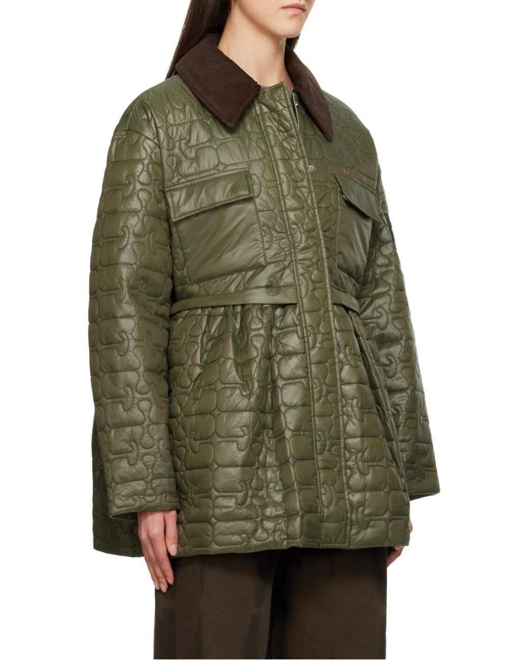 Ganni Green Quilt Midi Jacket