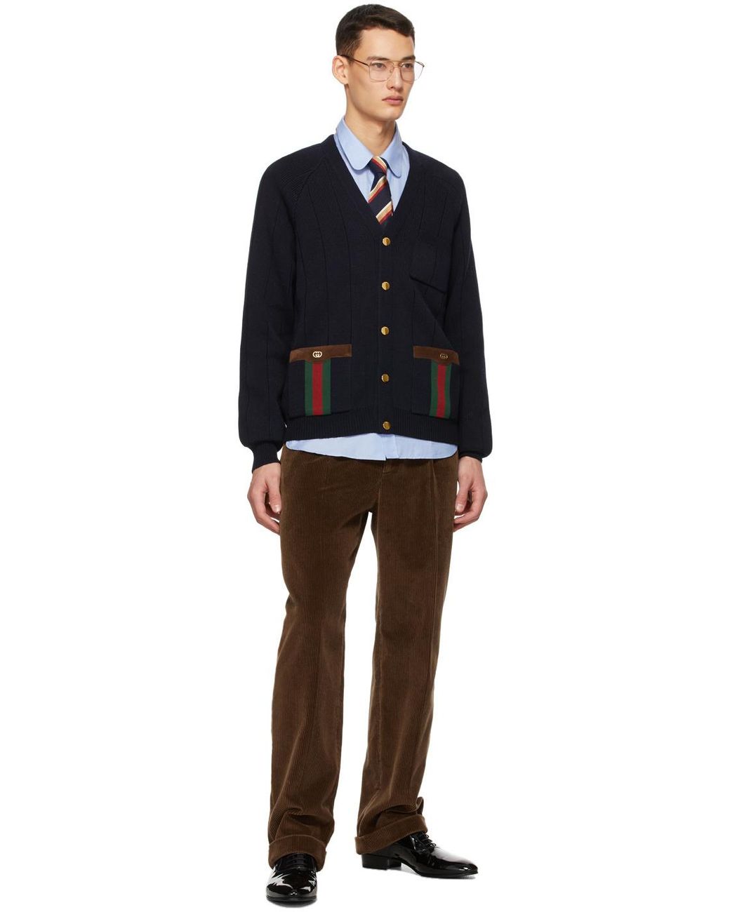 Gucci Blue Knit Wool Blend Cardigan With Web for men