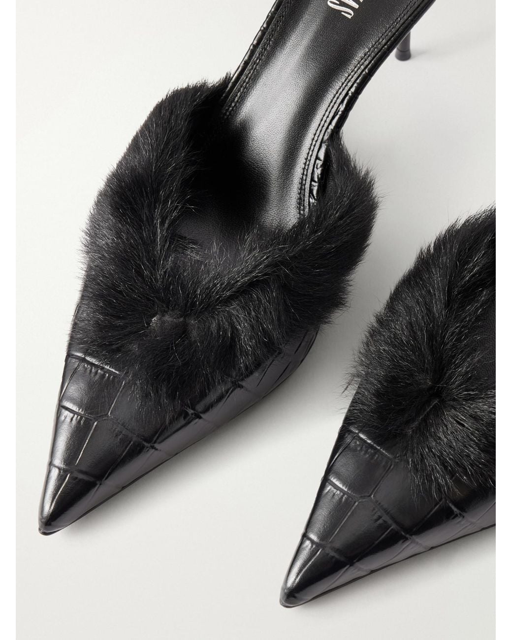 Paris Texas Black Plush-Trimmed Croc-Effect Leather Pumps