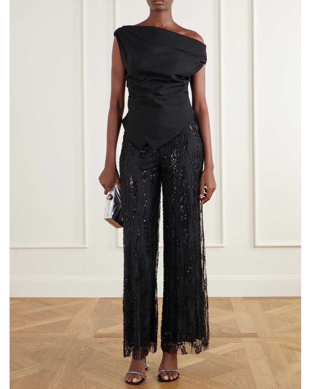 Staud Black Sequin-Trimmed Organza Wide-Leg Pants