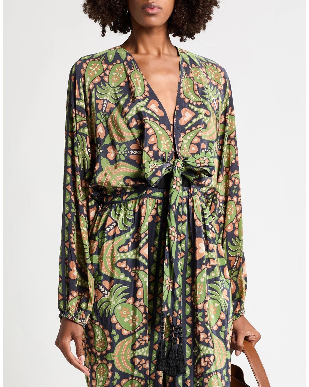 Farm Rio Green Satin V-Neck Long Sleeve Top