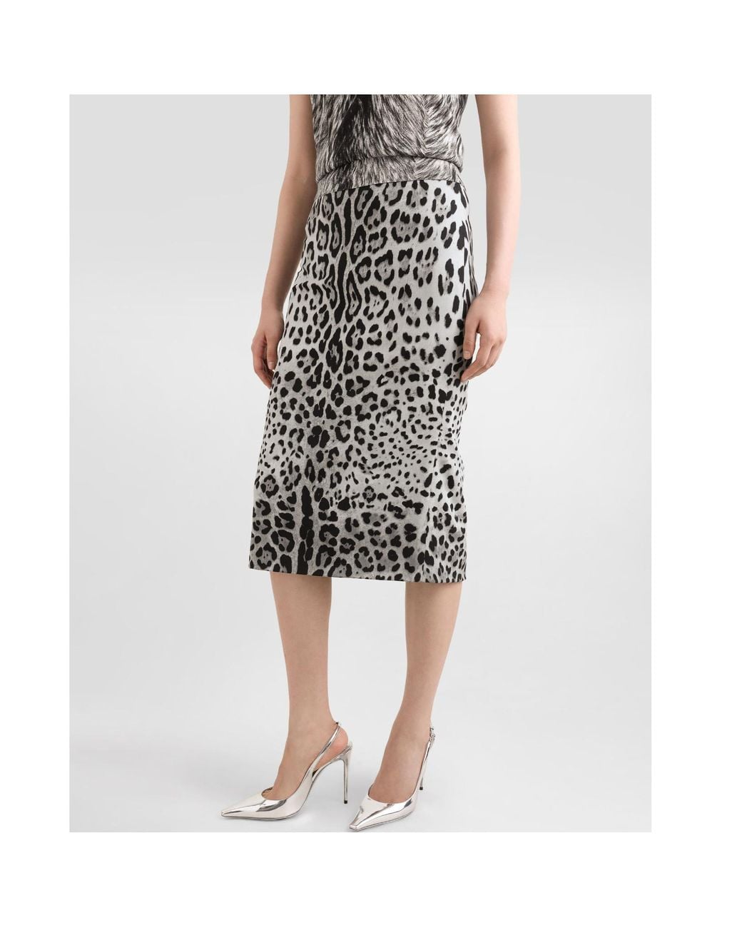 Dolce & Gabbana White Charmeuse Calf-Length Pencil Skirt With Leopard