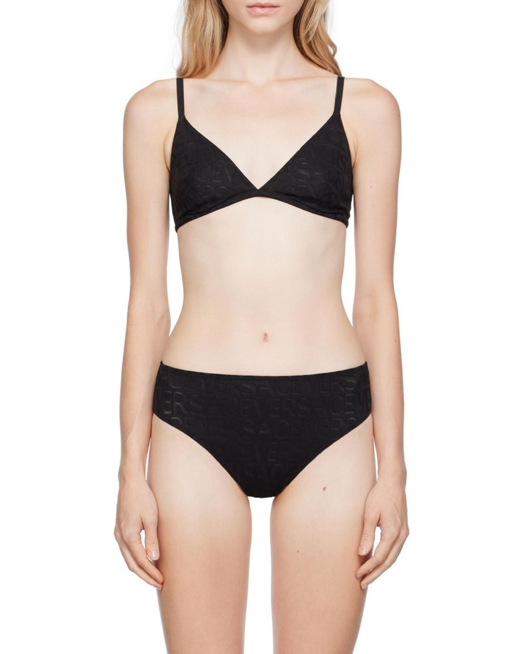Versace Black Allover Logo Mesh Stretched Triangle Bra