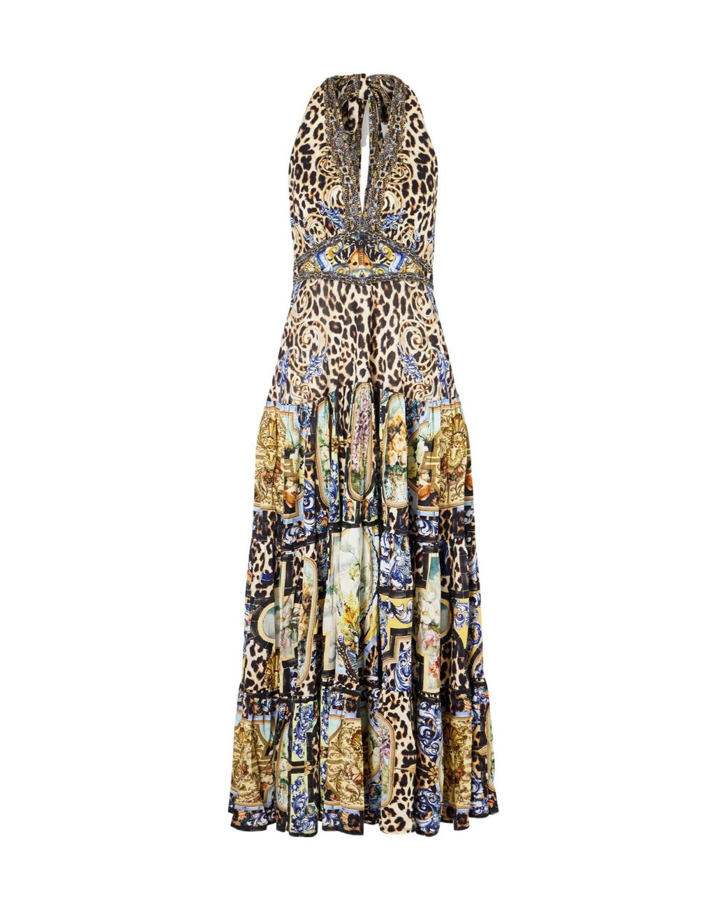 Camilla Metallic Tiered Crystal-Embellished Printed Jersey Maxi Dress