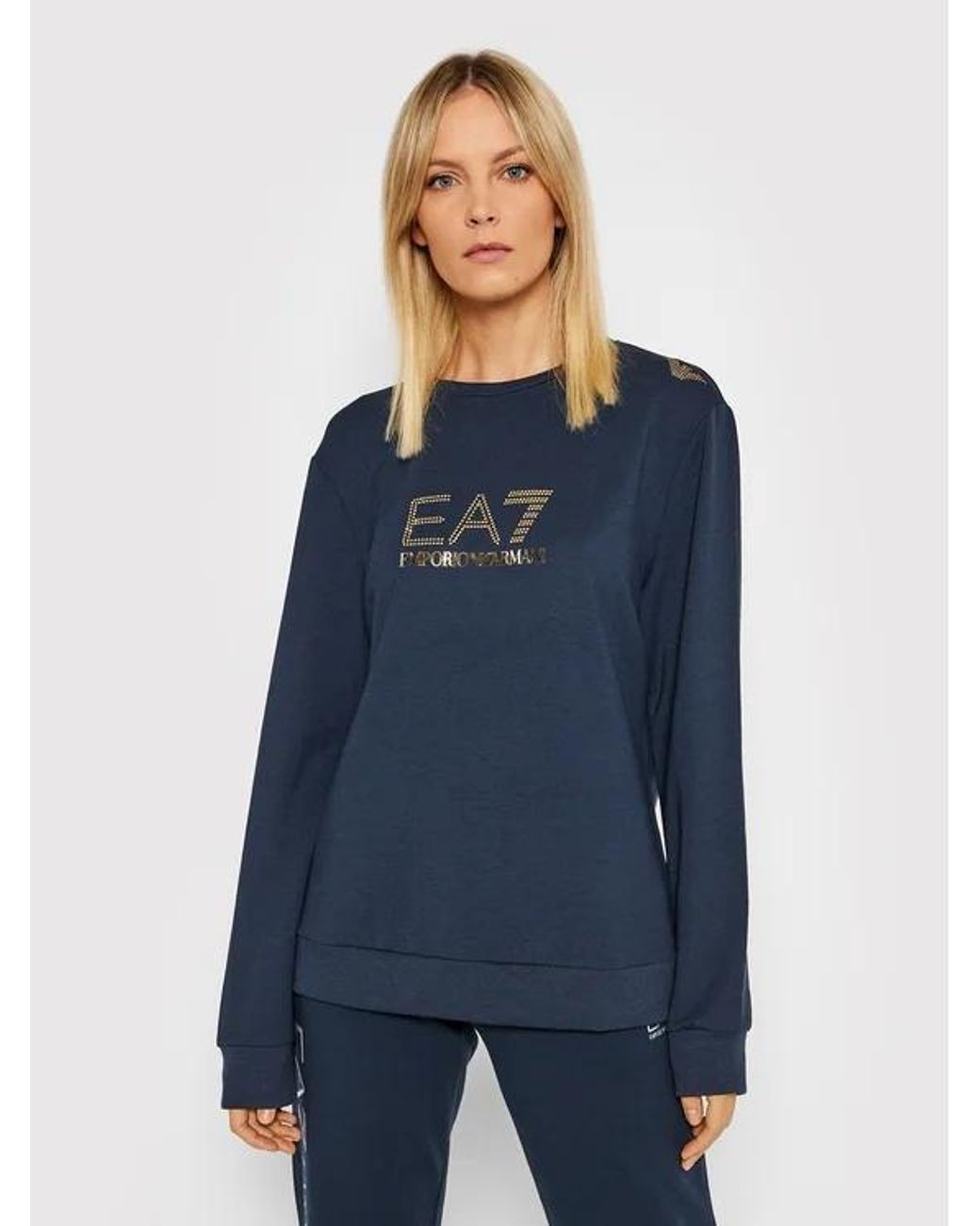 EA7 Blue Logo-Print Crew Neck Sweatshirt