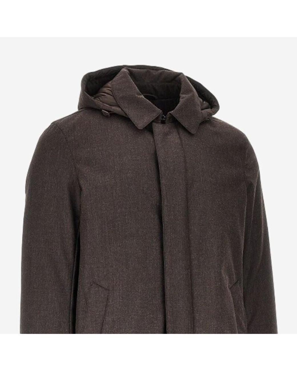 Herno Gray Wool Hooded Single-Breasted Coat for men