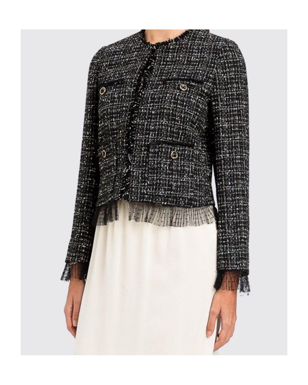 Twinset Black Fringe Detailed Tweed Jacket