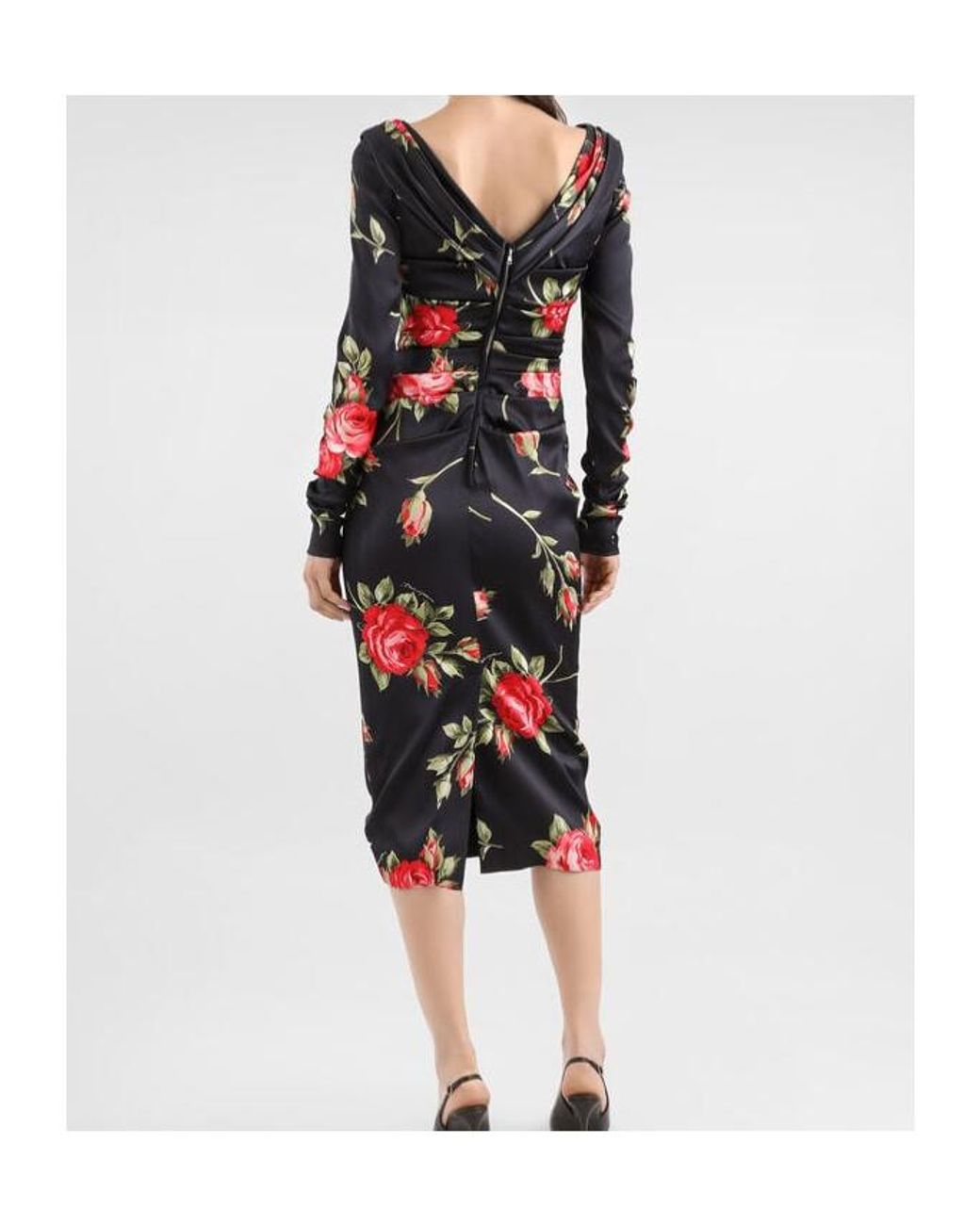 Dolce & Gabbana Red Ruched Floral Midi Dress