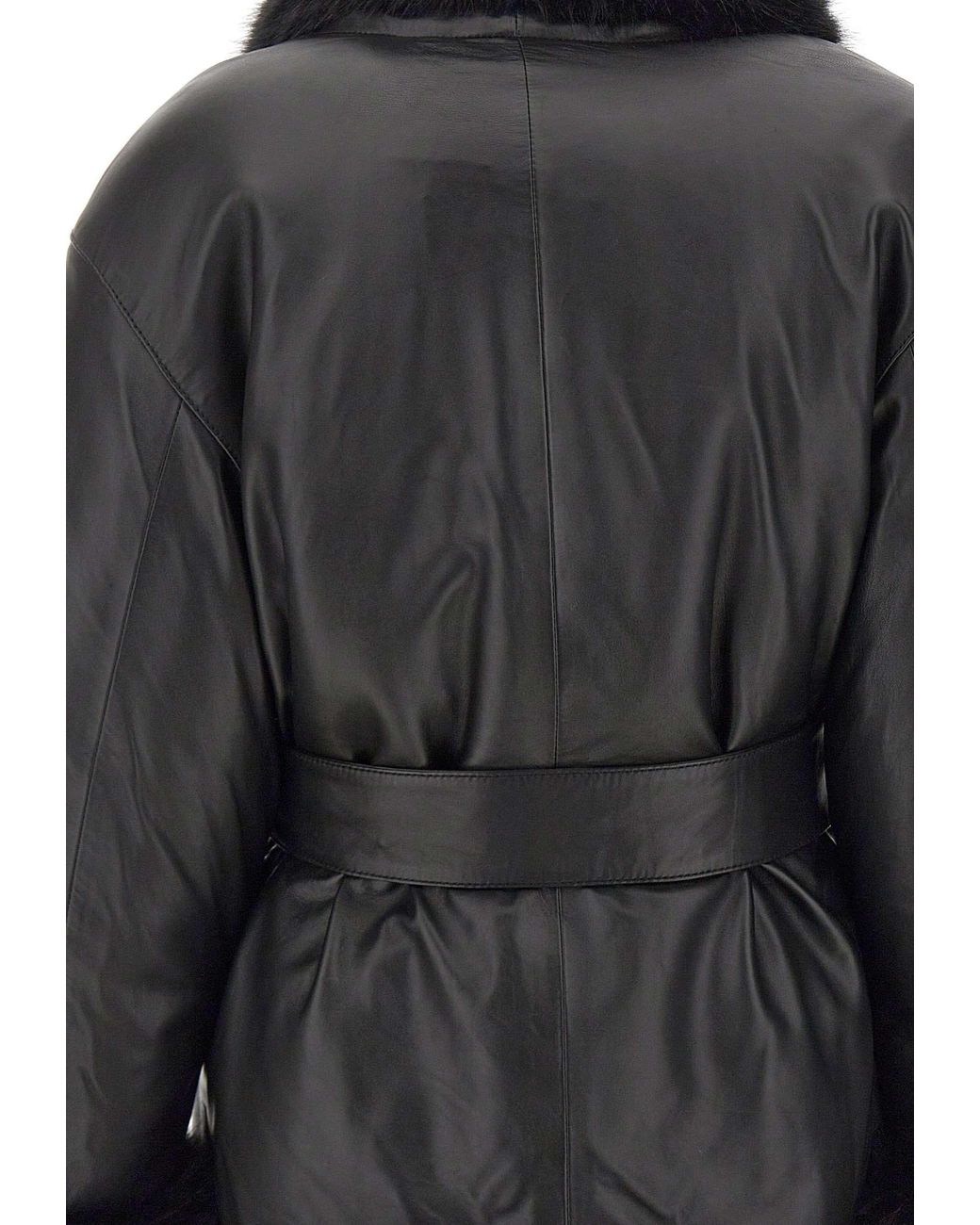 ROTATE BIRGER CHRISTENSEN Black Belted Faux Fur Trim Leather Jacket