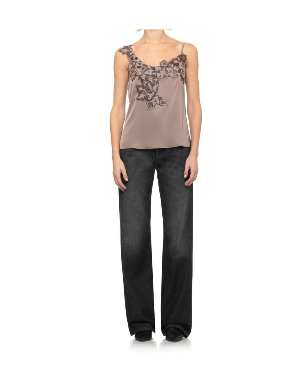 D.exterior Brown Lace Trim Camisole Top