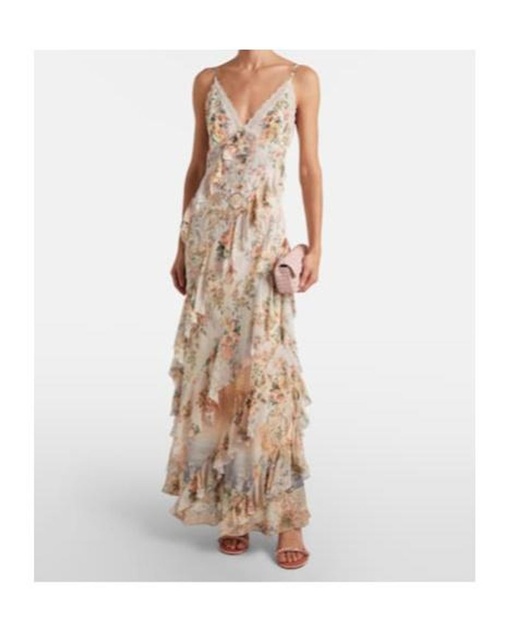 Camilla Natural Embellished Floral Ruffled Silk Maxi Dress