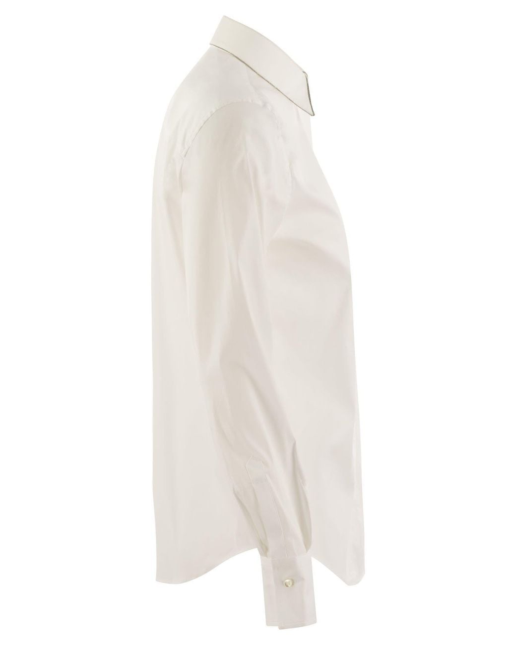 Brunello Cucinelli White Shirt With Pointed Collar And Monil Detail On The Collar
