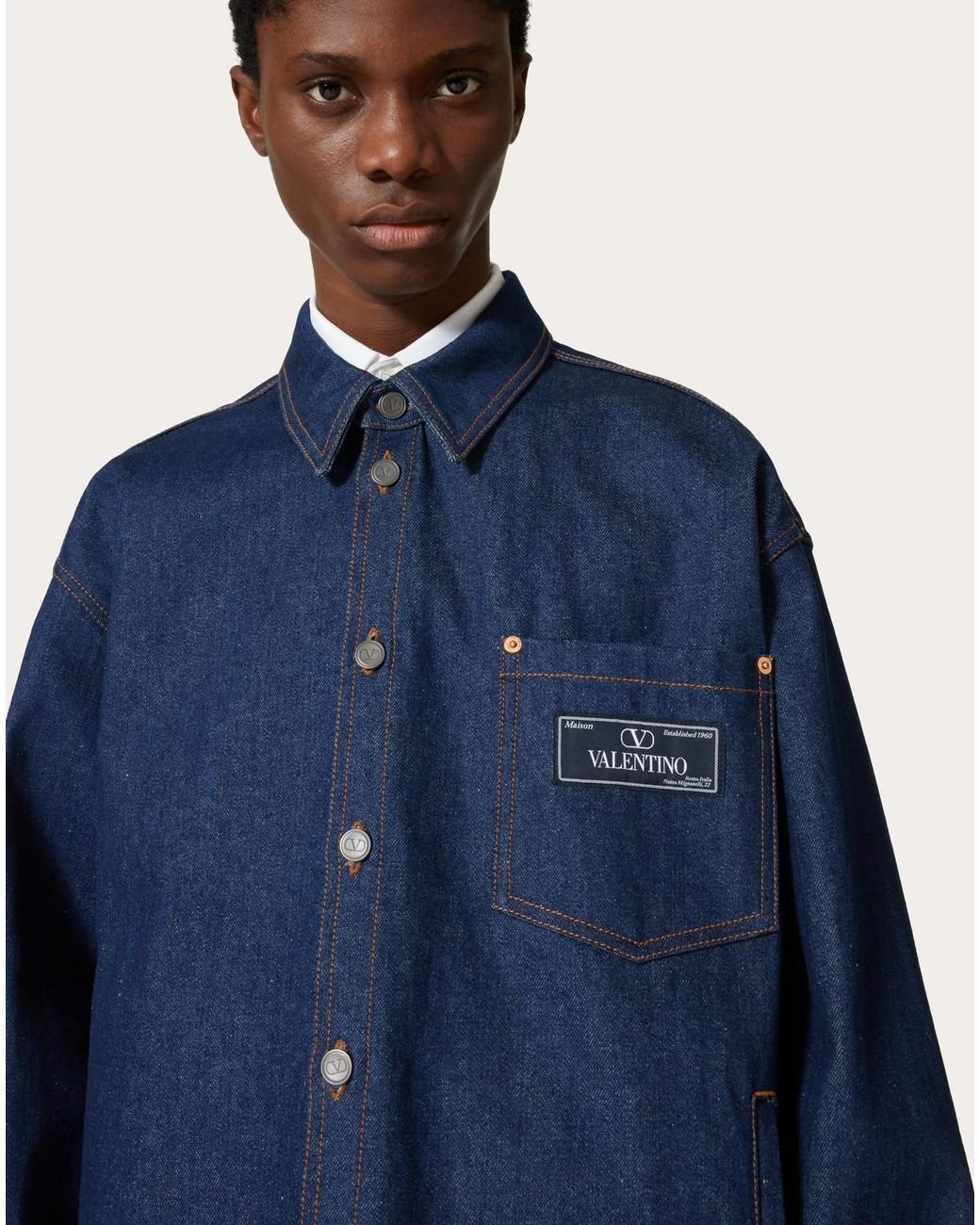 Valentino Blue Logo Patch Long-Sleeved Denim Shirt for men