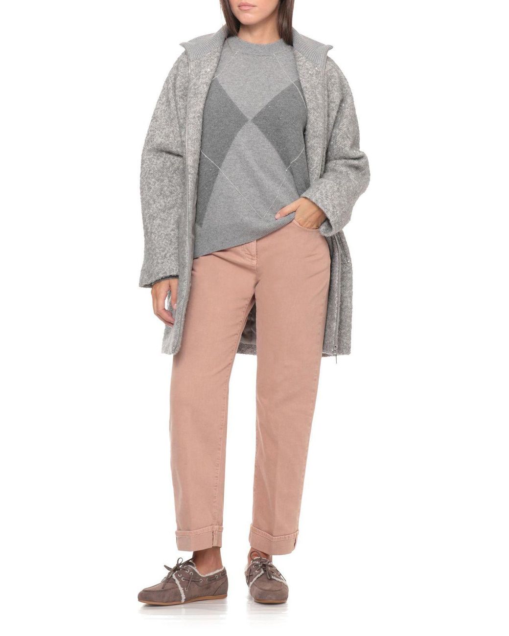 Peserico Gray Beaded Diamond Ribbed Jumper