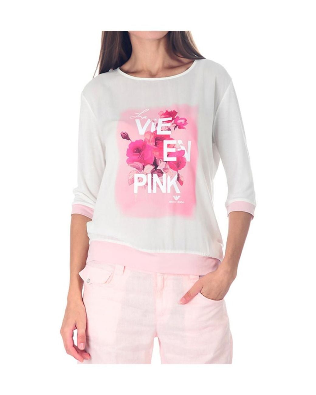 Armani Jeans Pink Seven-Cent Sleeve Printed Pattern T-Shirt