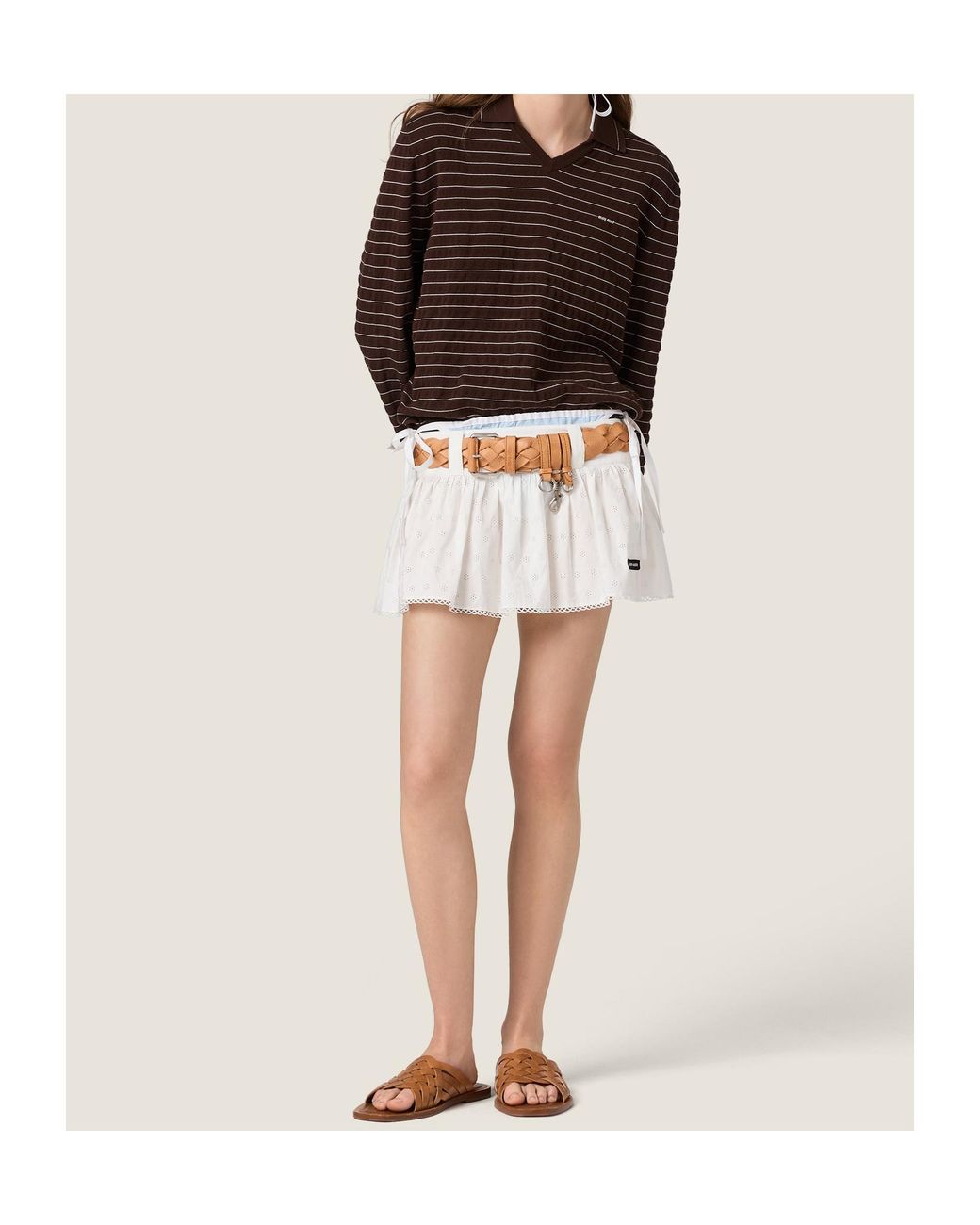 Miu Miu White Slubbed Poplin And Eyelet Lace Miniskirt