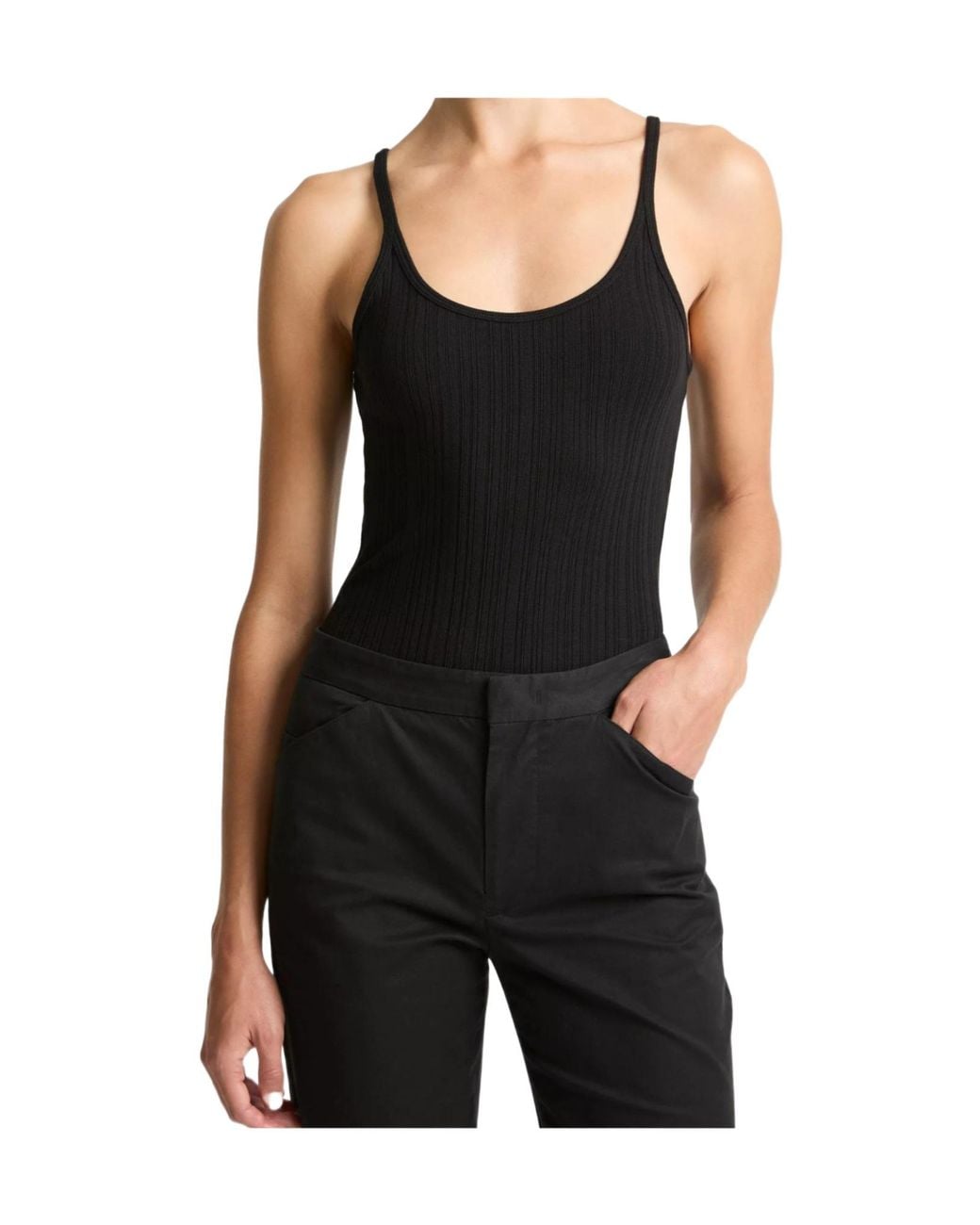 Vince Black Variegated-Rib Cotton-Blend Tank
