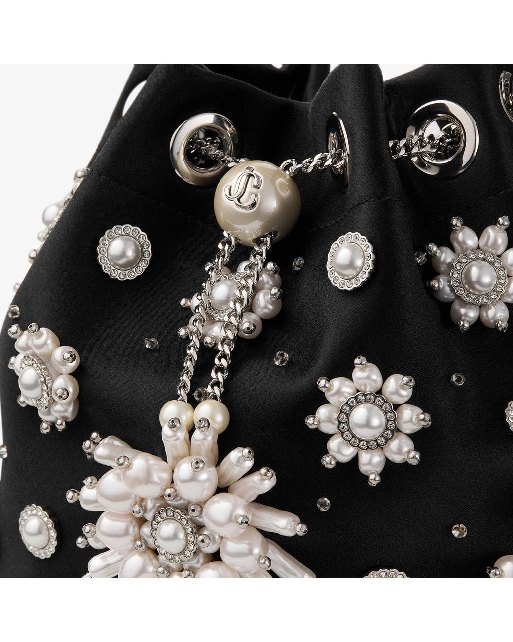 Jimmy Choo Black Satin Bucket Bag With Floral Pearl Embroidery