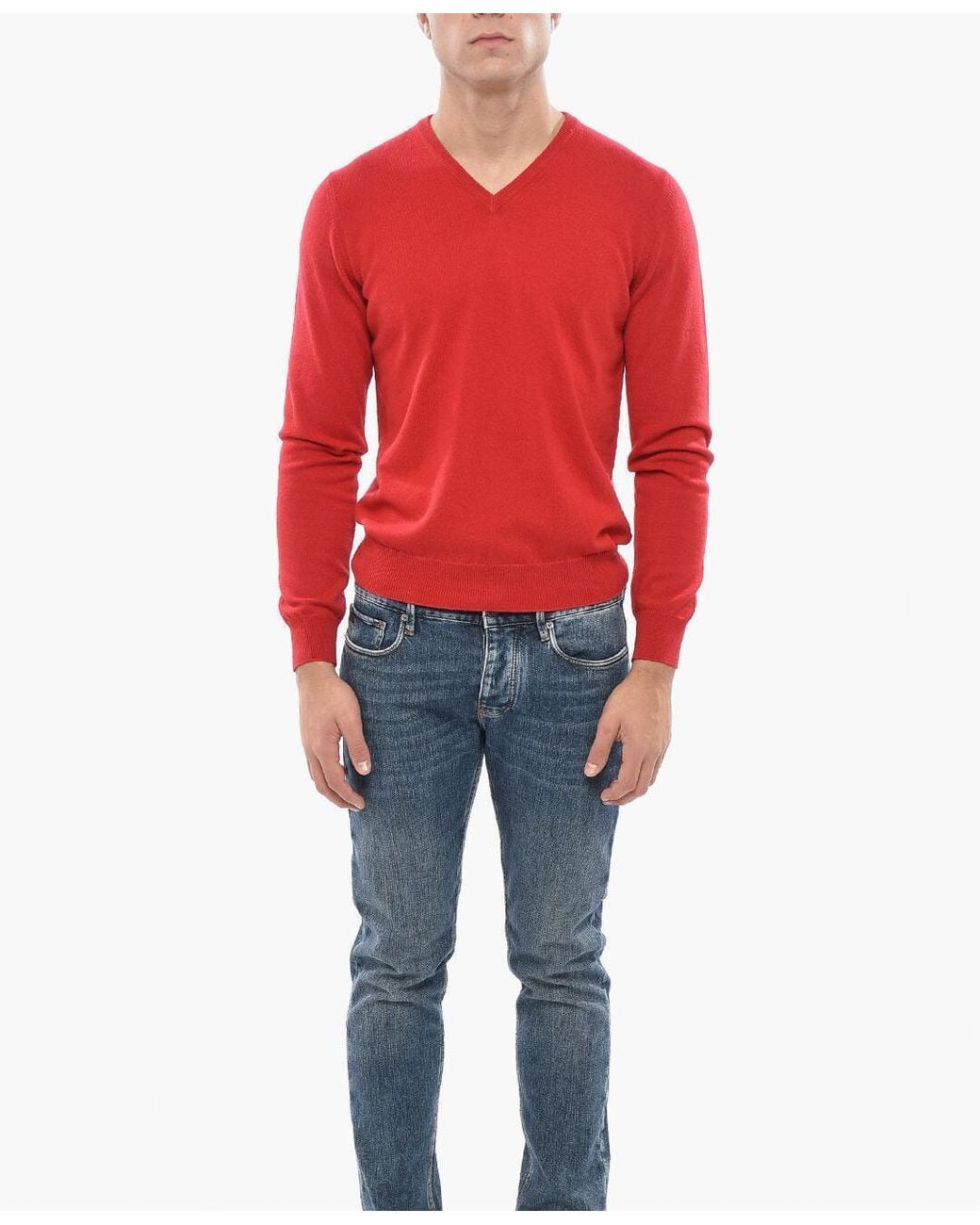 Malo Red V-Neck Cashmere Fine-Knit Top for men