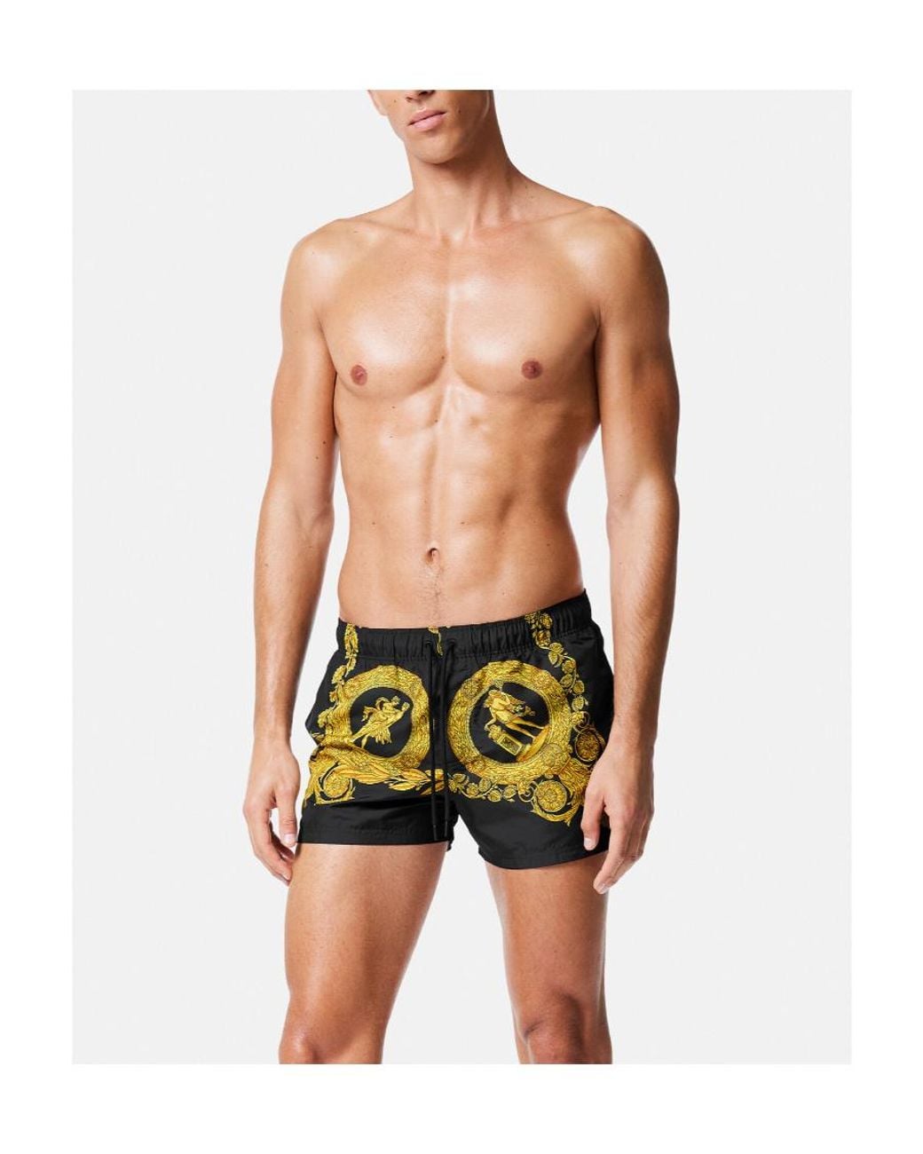 Versace Yellow Baroque-Print Swim Shorts for men