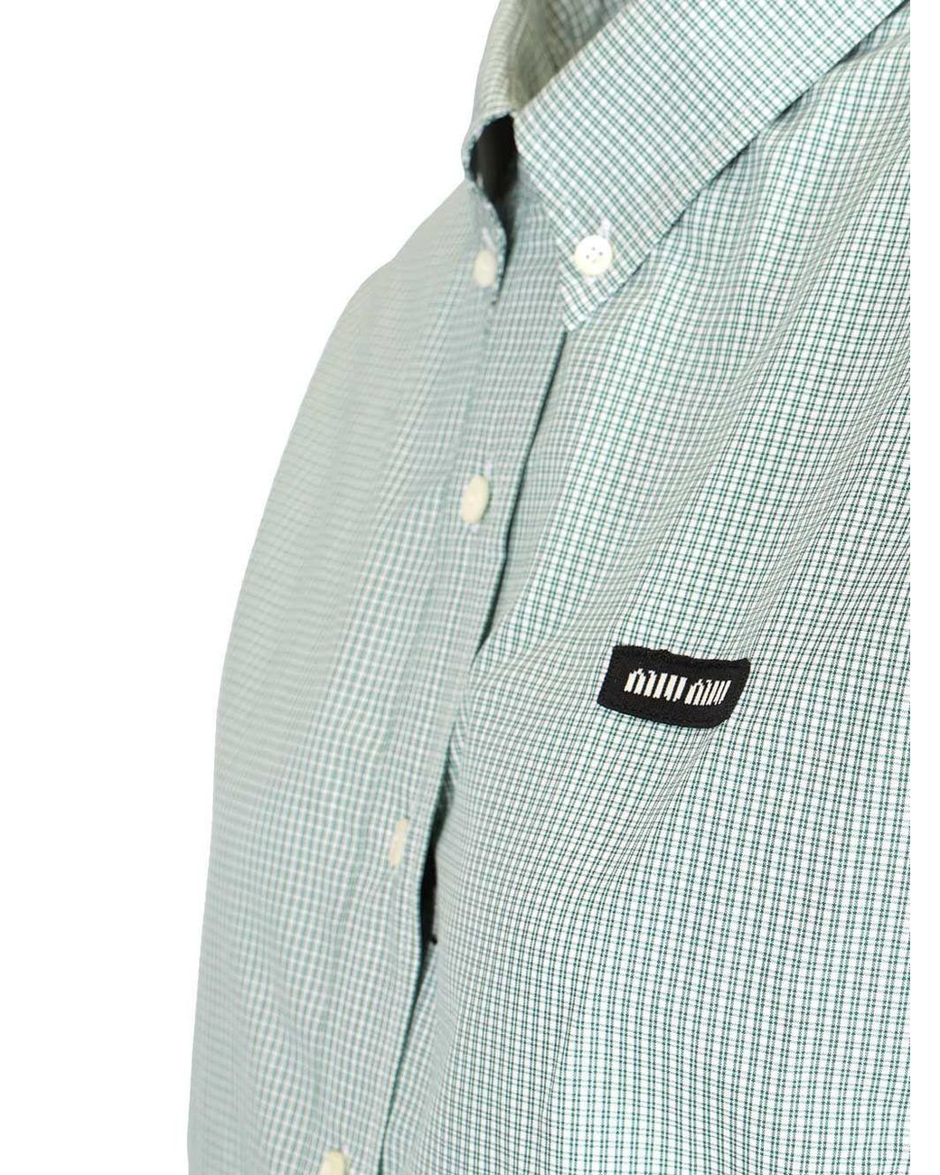 Miu Miu Blue Logo-Embroidered Button-Up Checked Shirt