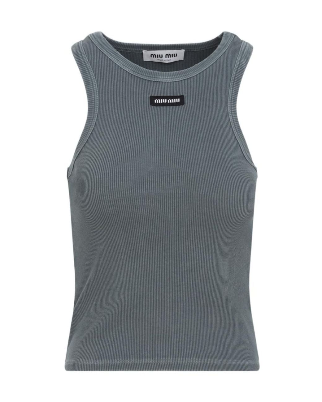 Miu Miu Gray Garment-Dyed Ribbed Knit Jersey Top