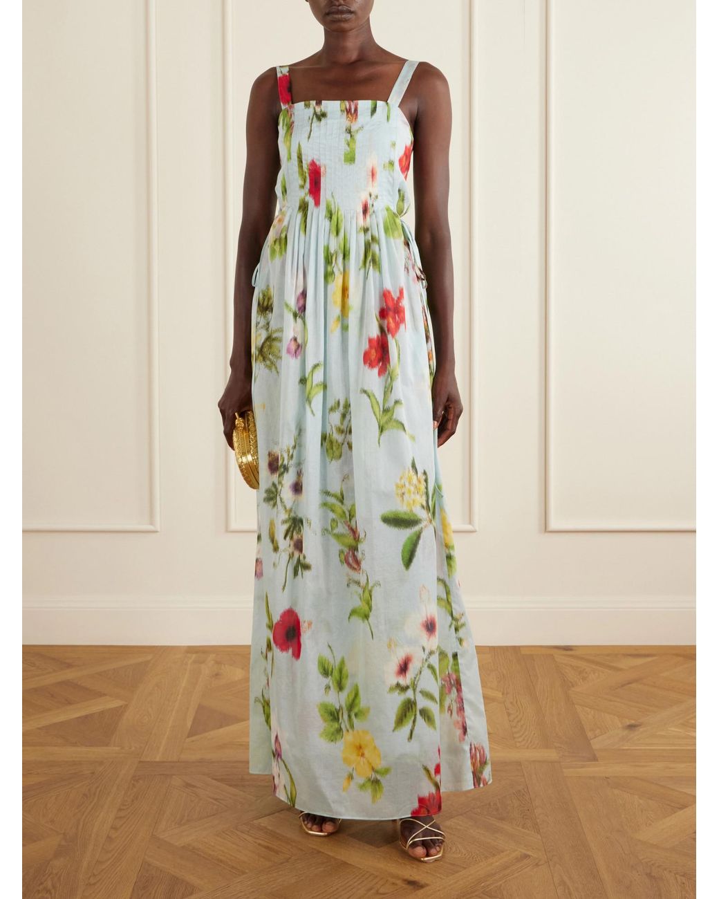 Oscar de la Renta Blue Floral-Printed Cotton-Voile Gown