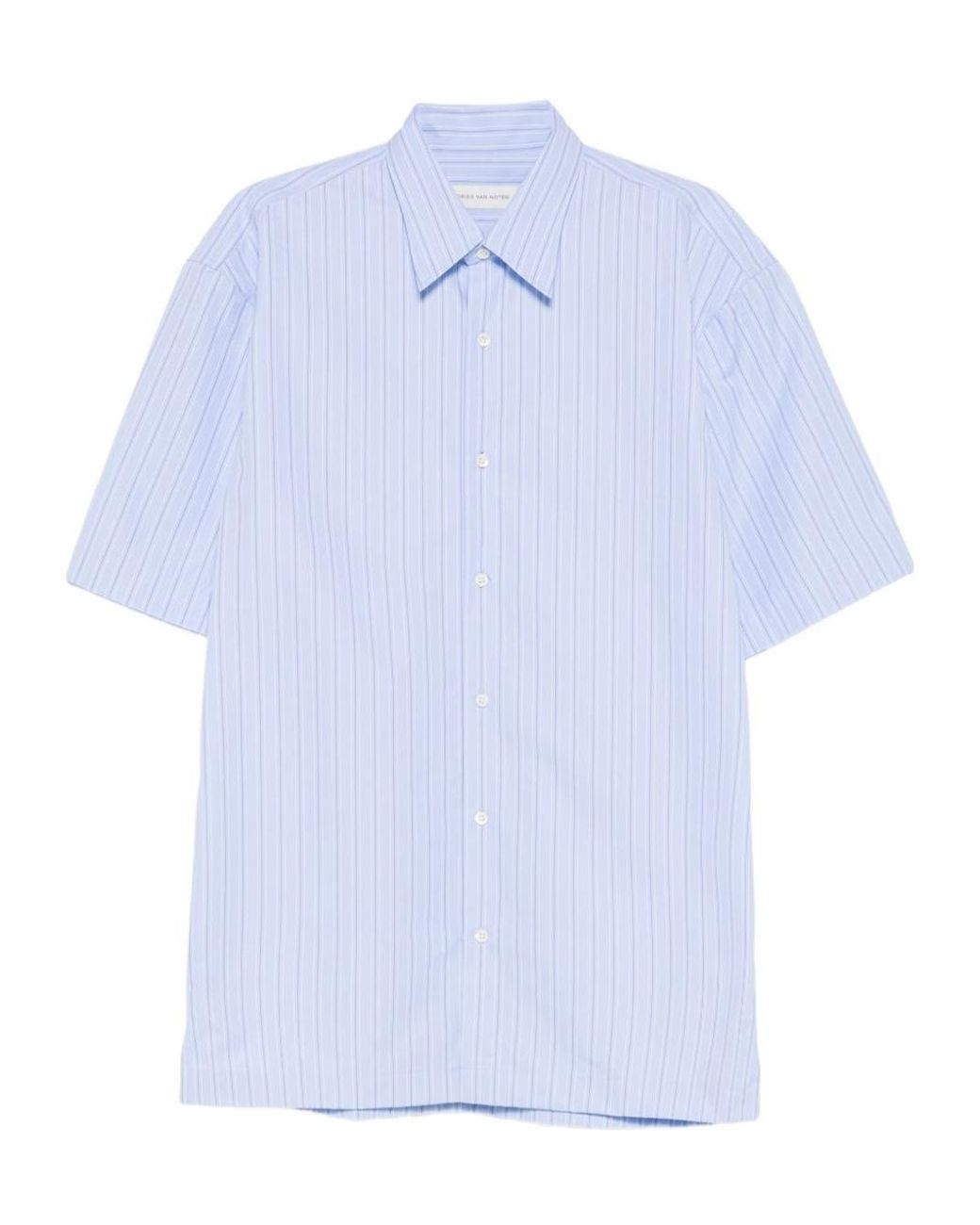 Dries Van Noten Blue Short-Sleeved Striped Shirt for men