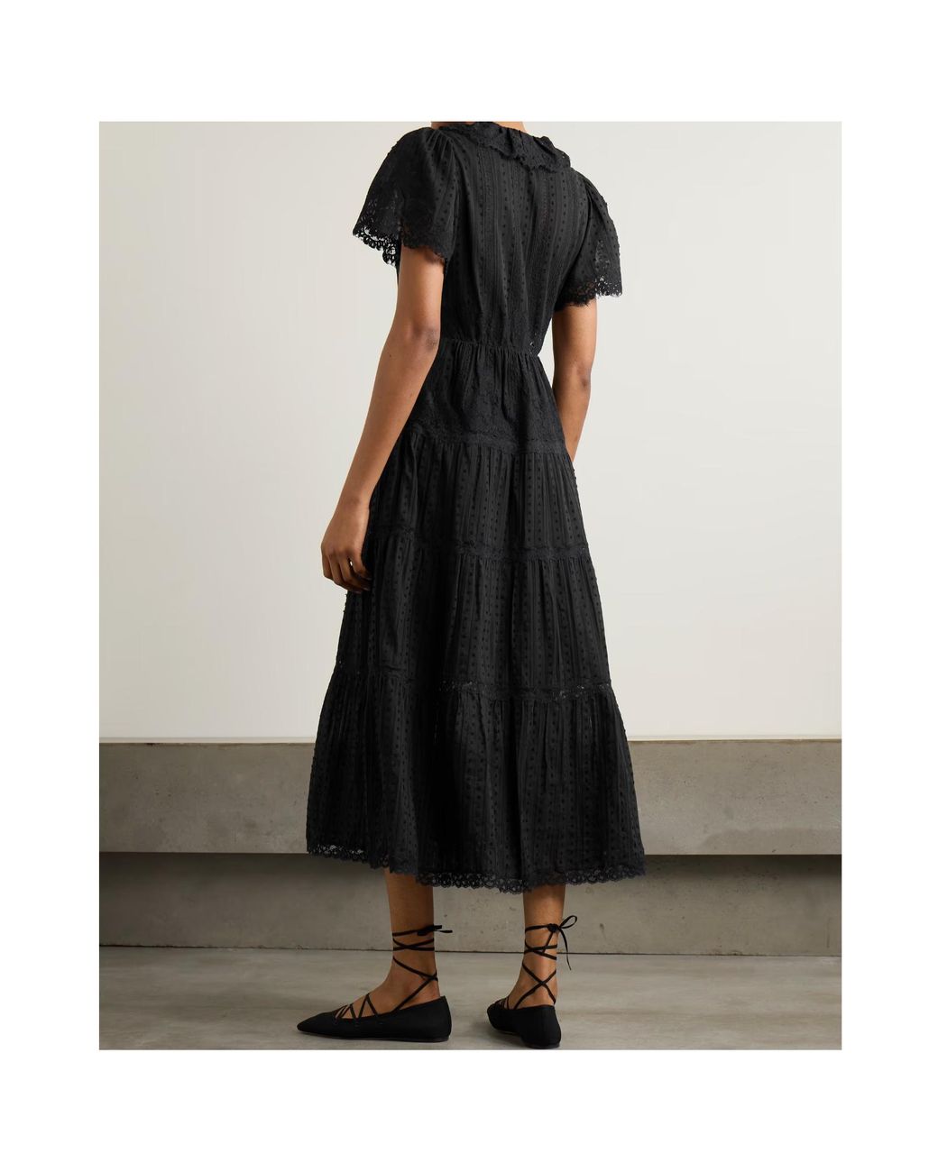 Doen Black Gabriella Ruffled Tiered Lace-Trimmed Point D'Esprit Cotton Dress