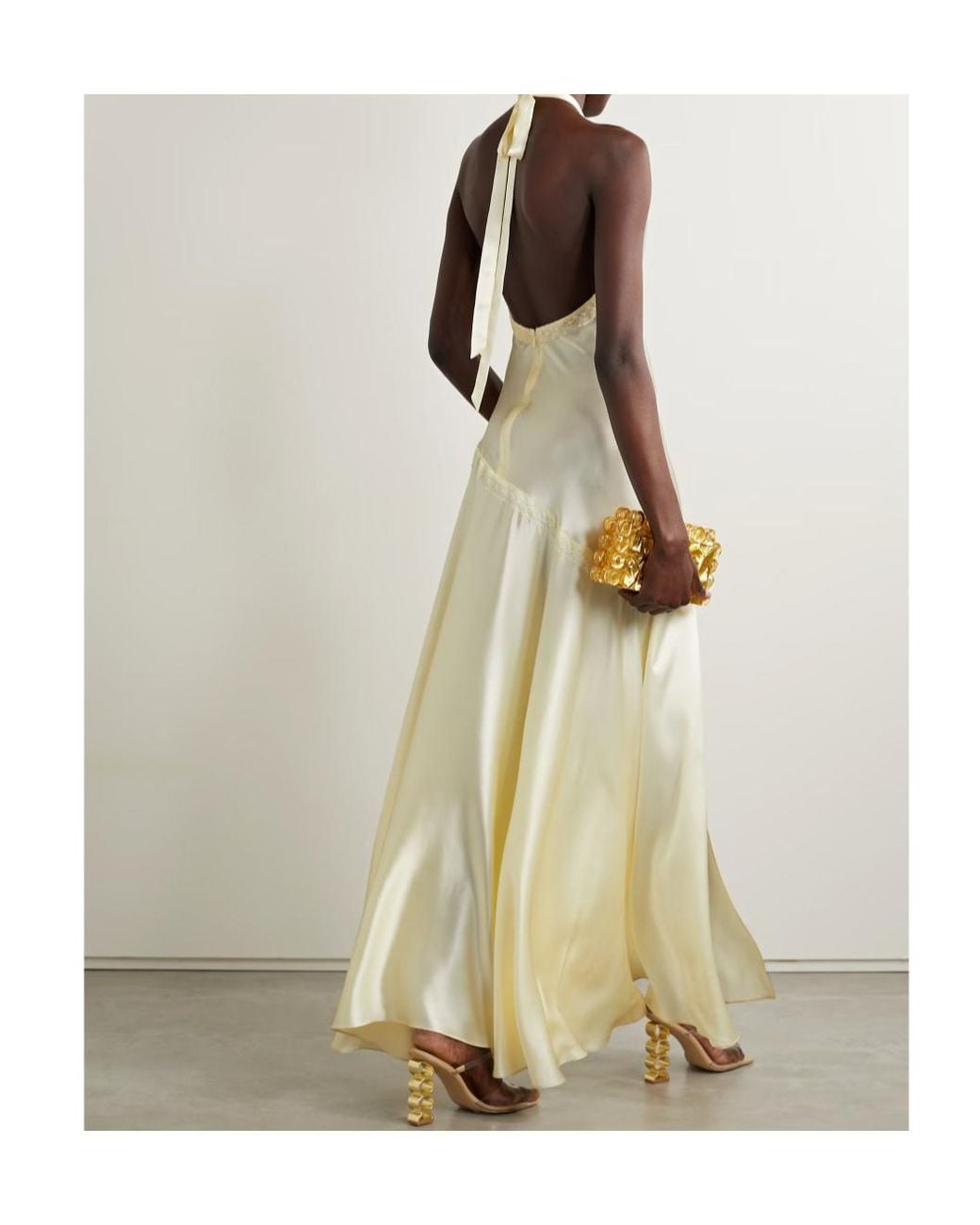 LoveShackFancy White Braylon Lace-Trimmed Silk-Satin Halterneck Gown