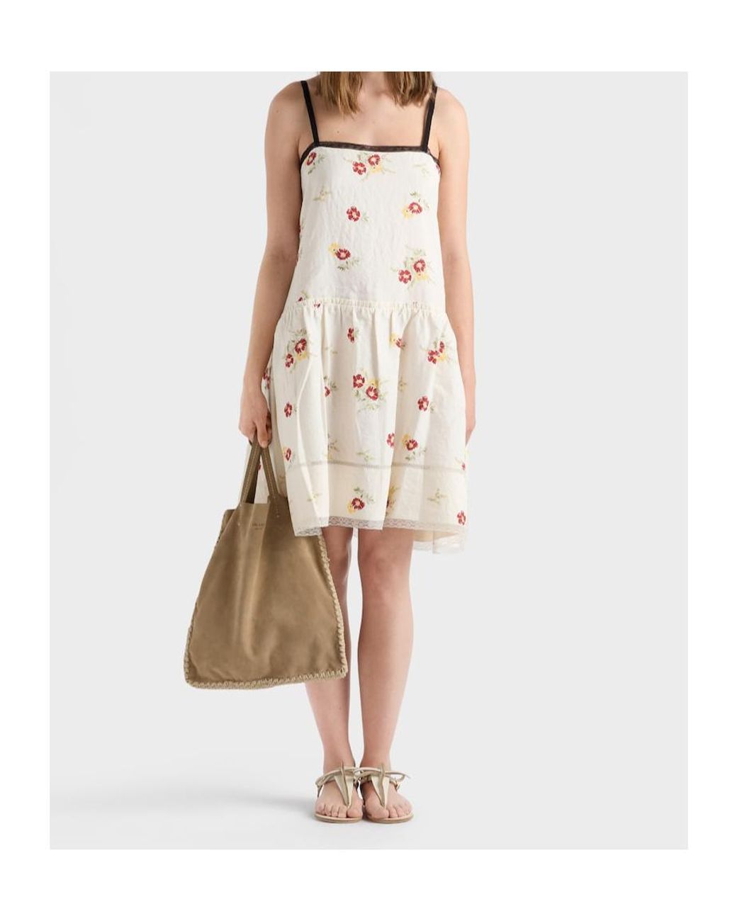 Prada Natural Embroidered Linen Mini-Dress With Floral Motif