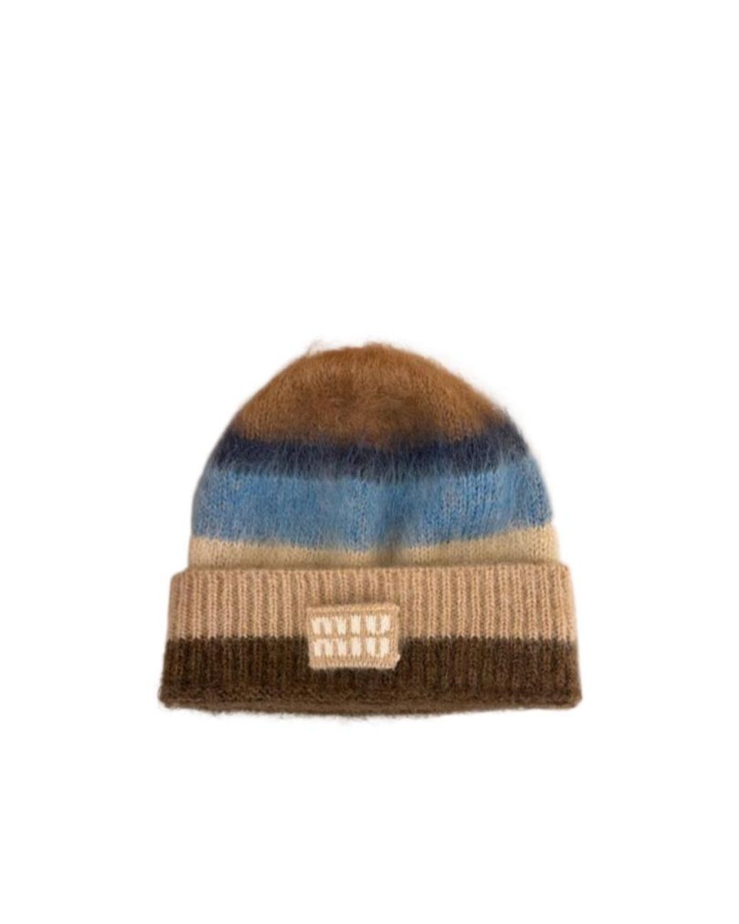 Miu Miu Striped Logo-Patch Beanie Hat in Blue | Lyst display picture 1