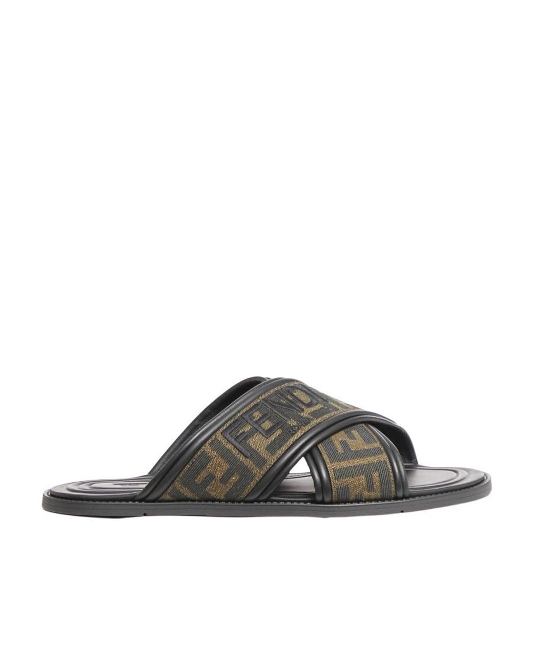 Fendi Brown Ff Logo Detail Crossed Slides for men