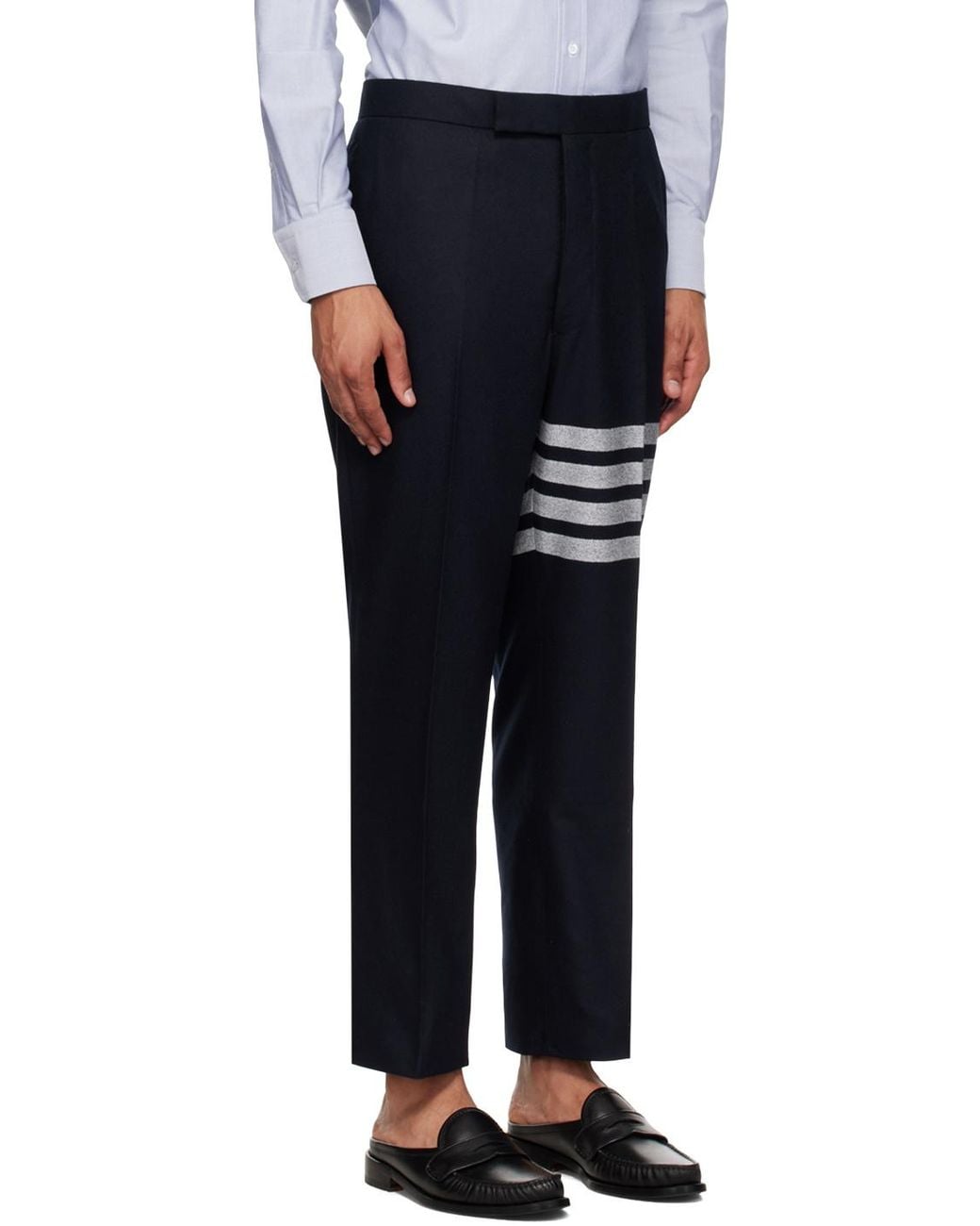 Thom Browne Blue 4-Bar Stripe Detailed Flannel Trousers for men