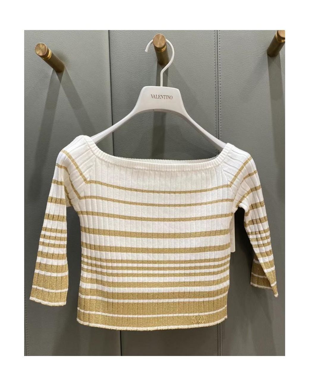 Valentino White Striped Off-Shoulder Cropped Top
