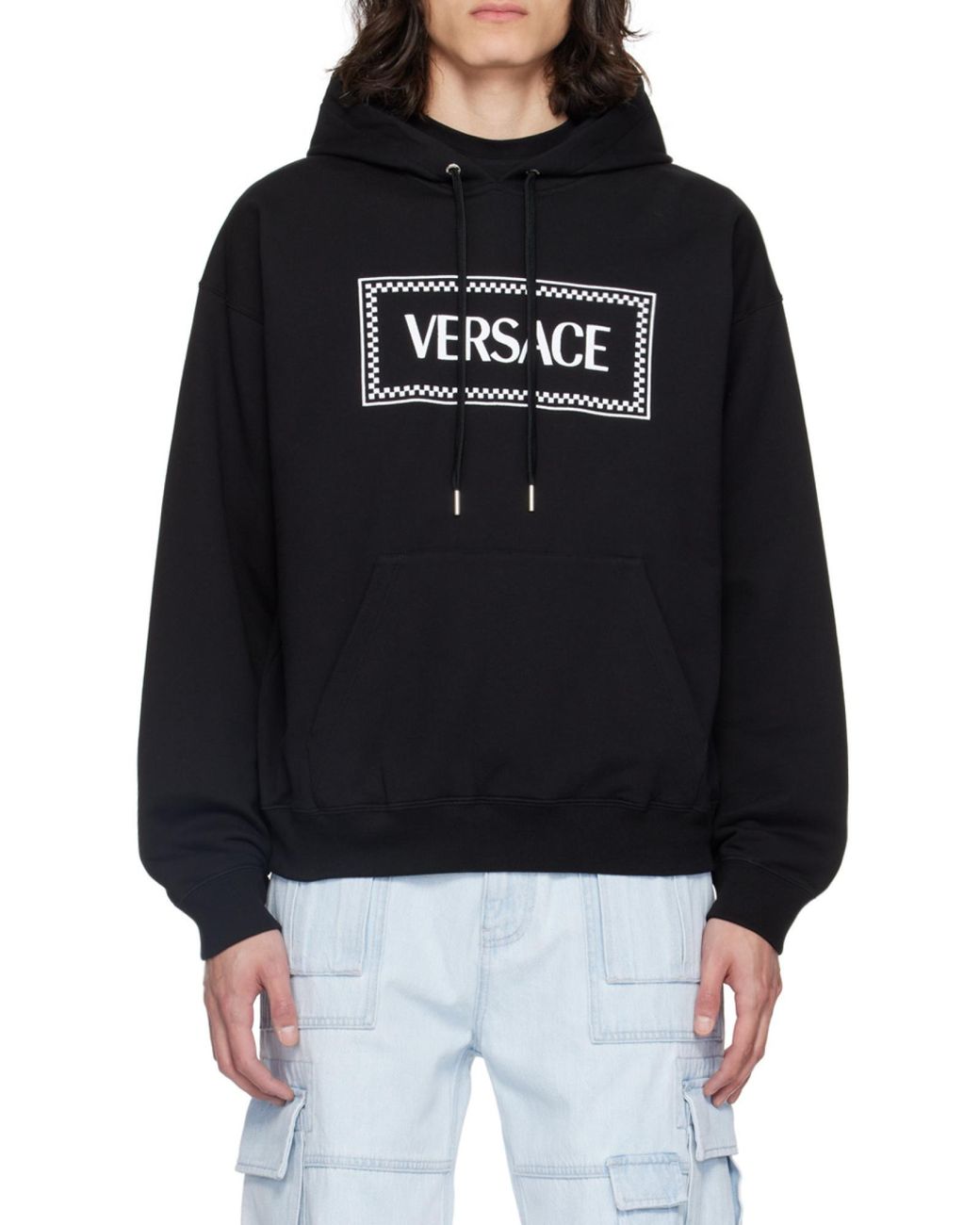 Versace Black Embroidered-90S Vintage Logo Drawstring Hoodie for men