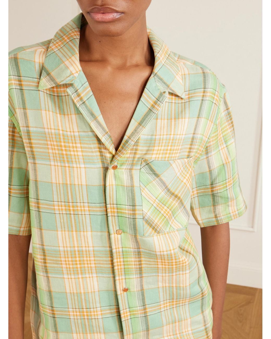 God's True Cashmere Metallic Lime Moss Checked Linen Shirt