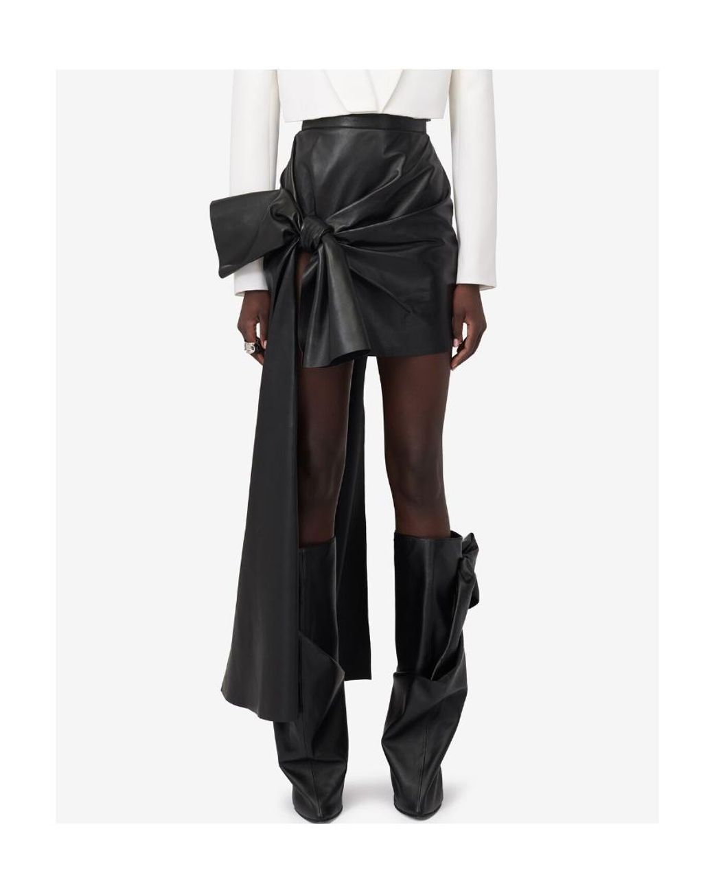 McQueen Black Knotted Drape Leather Mini Skirt