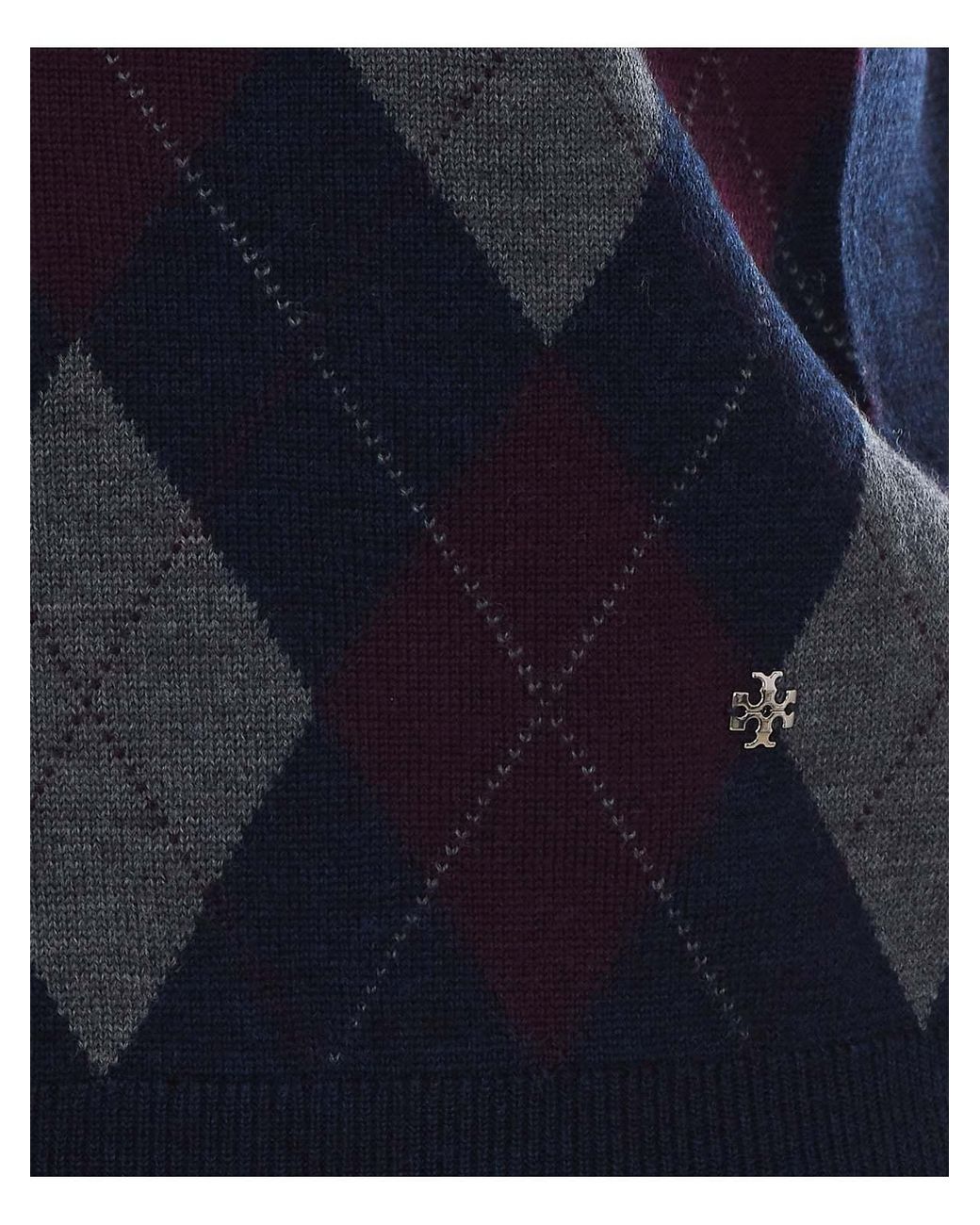 Tory Burch Blue Short-Sleeve Argyle Knitted Sweater