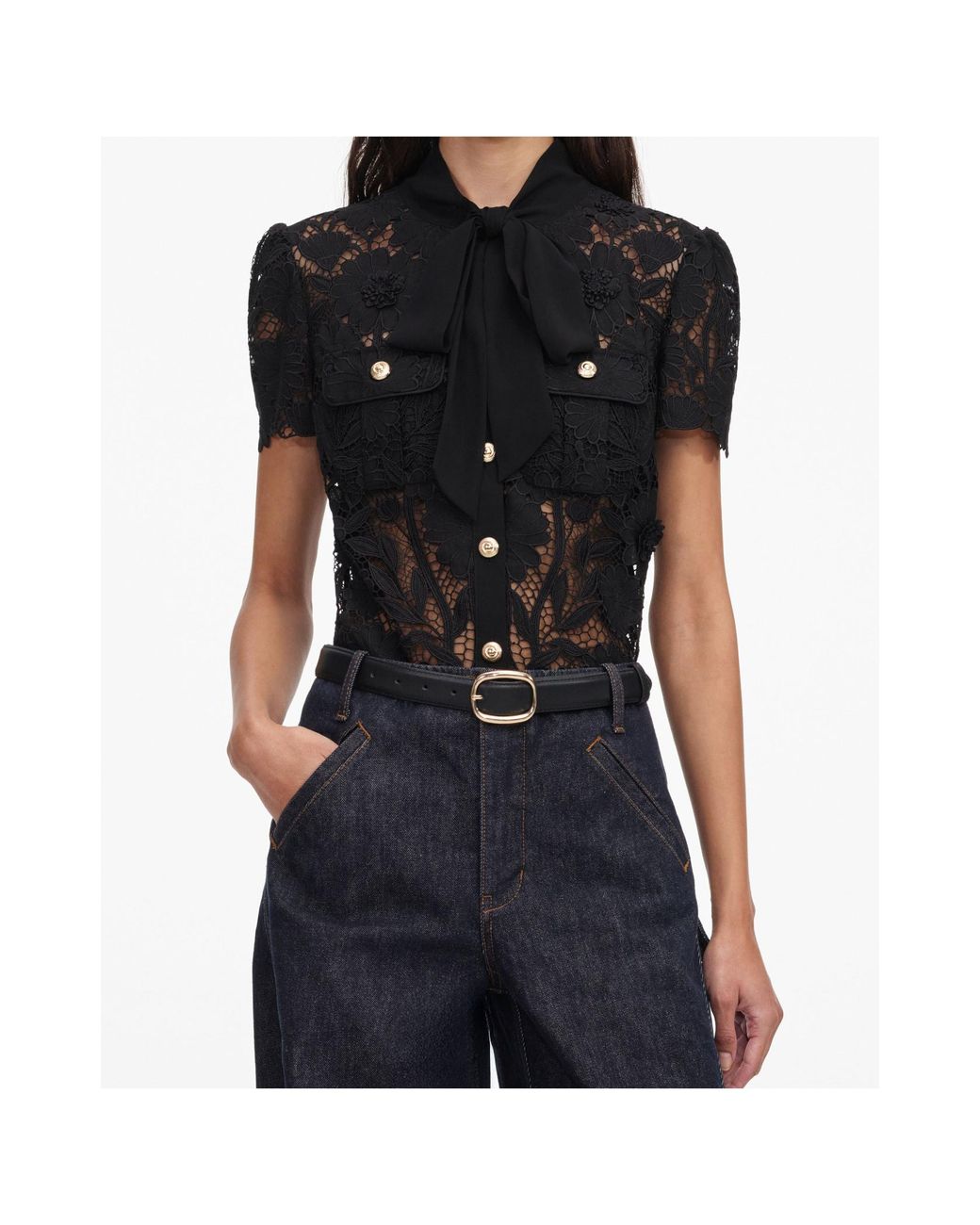 Self-Portrait Blue Lace Tie Neck Top