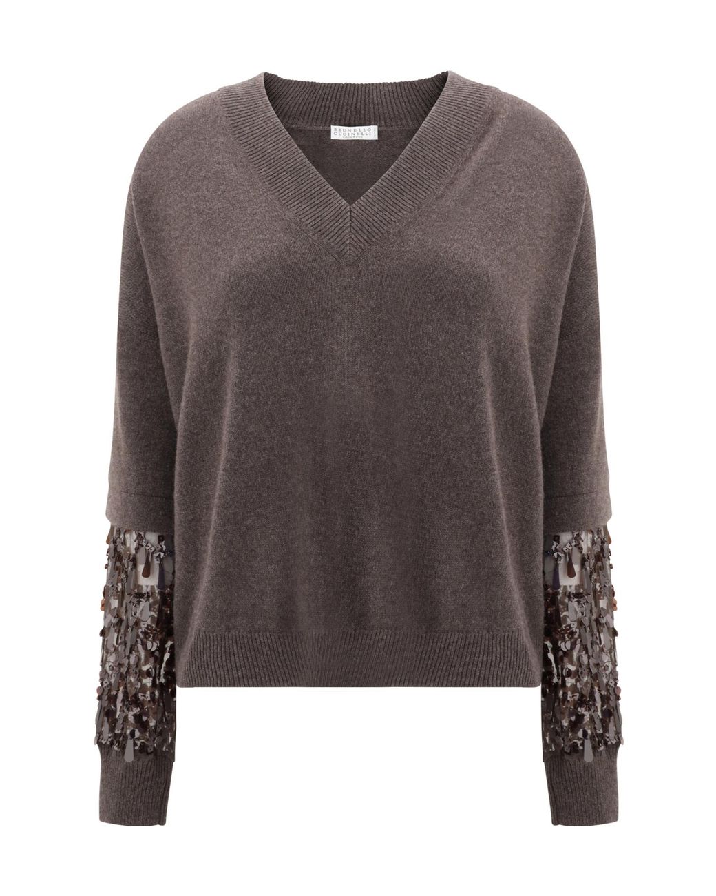 Brunello Cucinelli Brown Sequin Embellished V-Neck Sweater