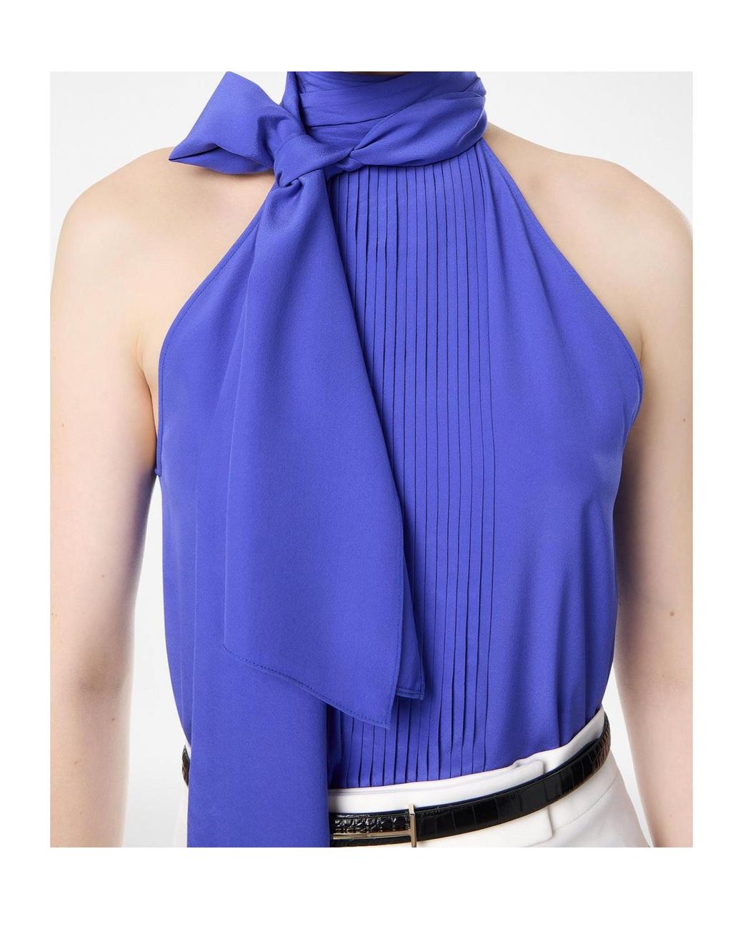 Tom Ford Blue Pleated Tie Neck Top