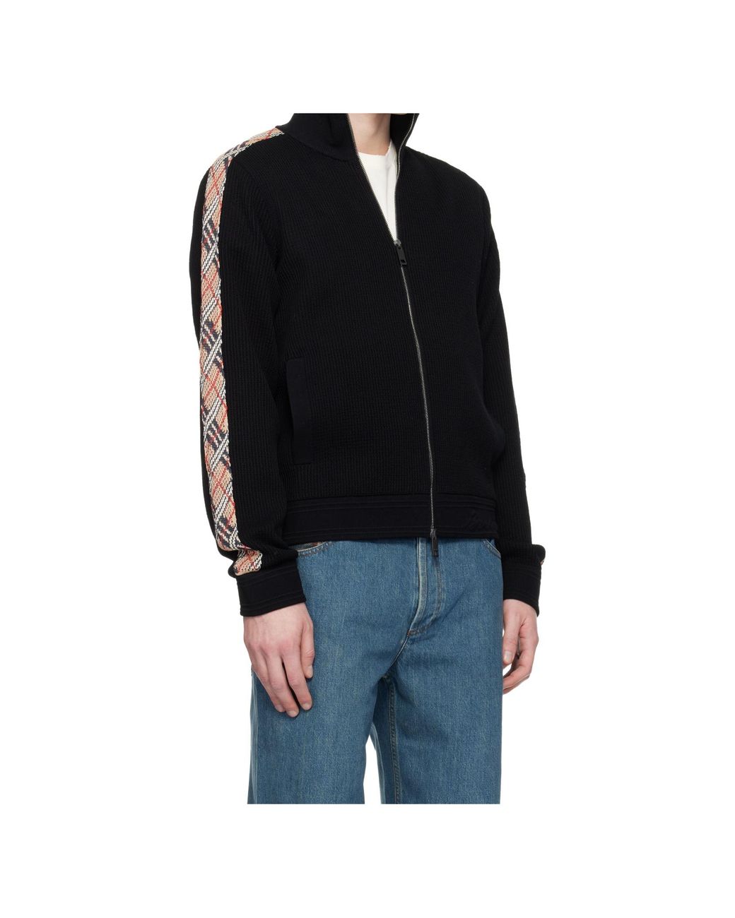 Burberry Blue Check Trim Zip-Up Sweater for men