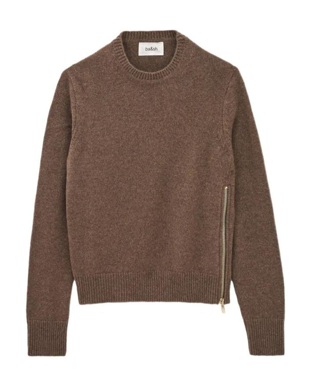 Ba&sh Brown Side Zip Crew Neck Knit Sweater