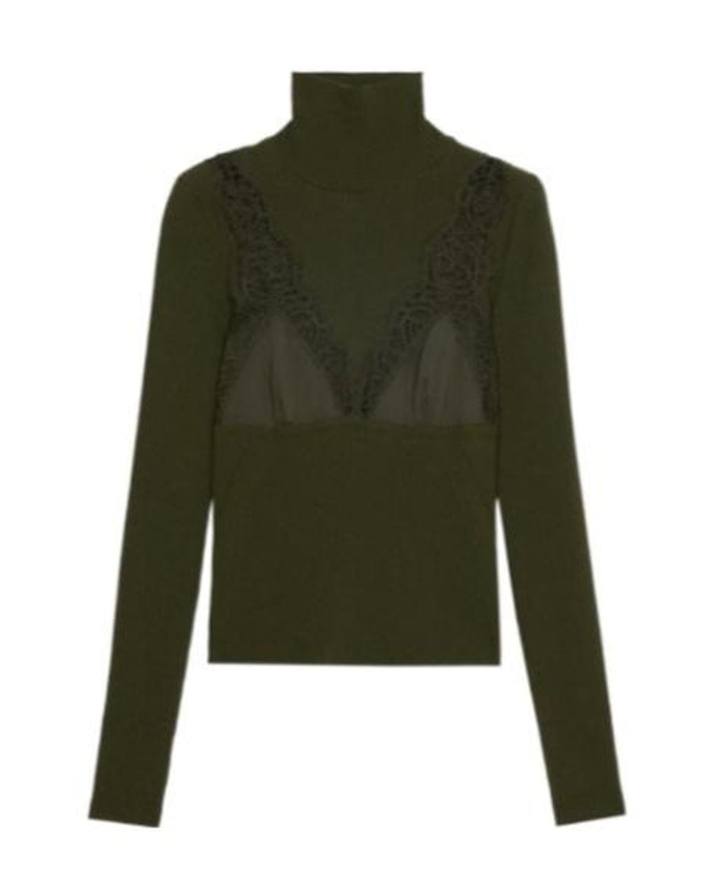 Blumarine Green Dolcevita Lace-Insert Ribbed Turtleneck Top