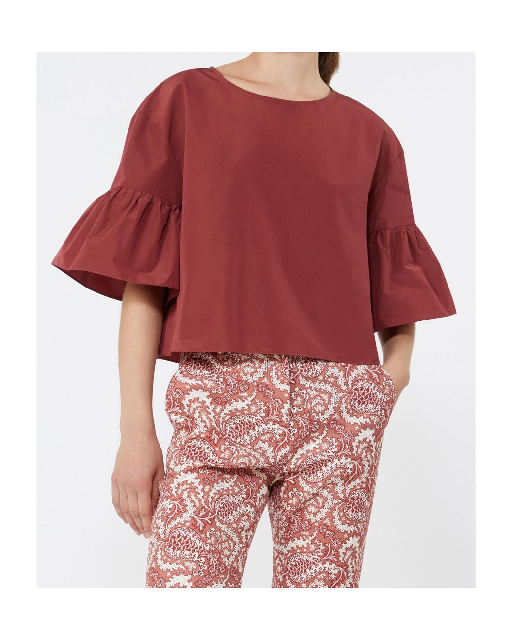 Weekend by Maxmara Red Cotton Taffeta Cropped Blouse